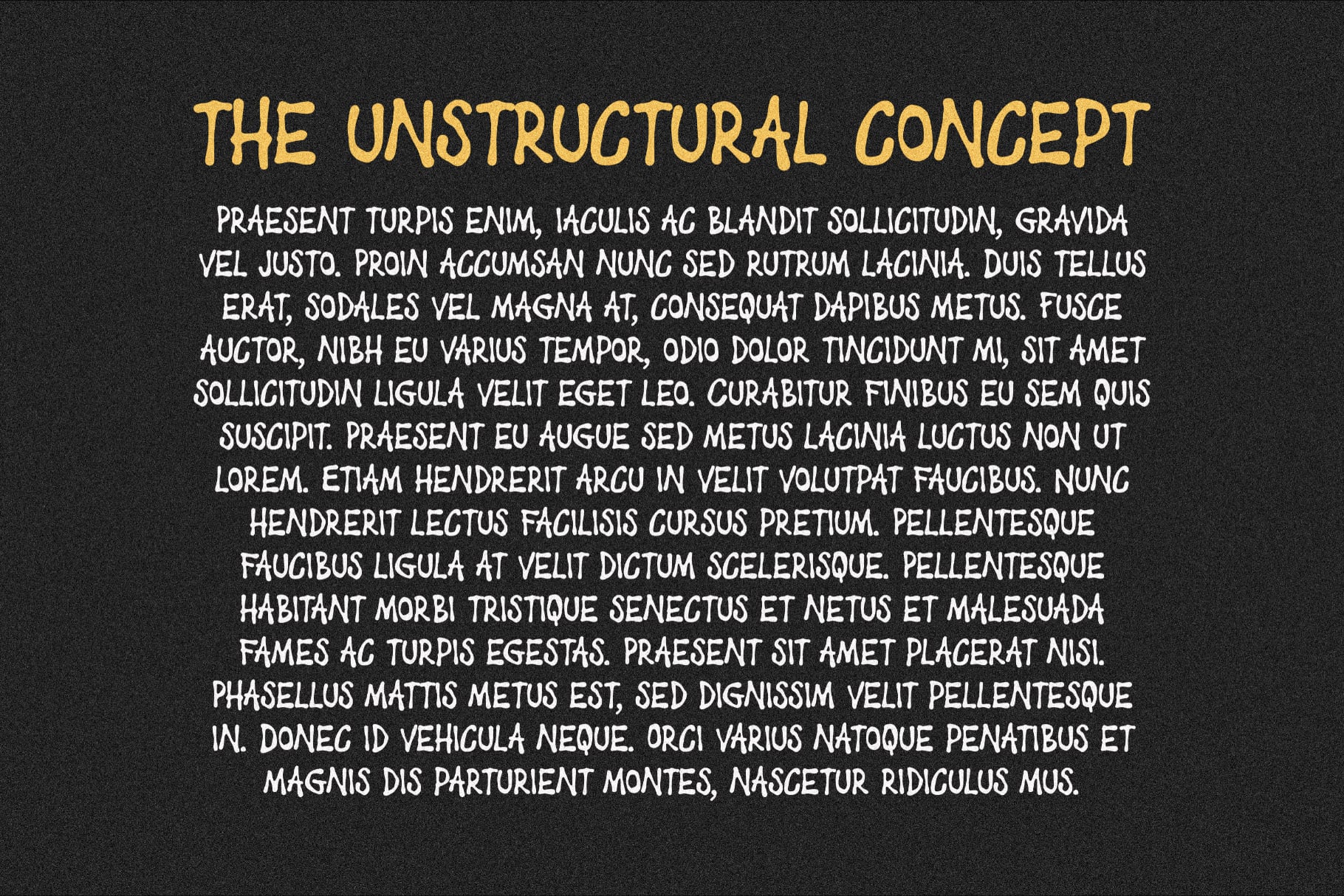Gold handwritten title with white body text on charcoal background showing Lorem Ipsum layout