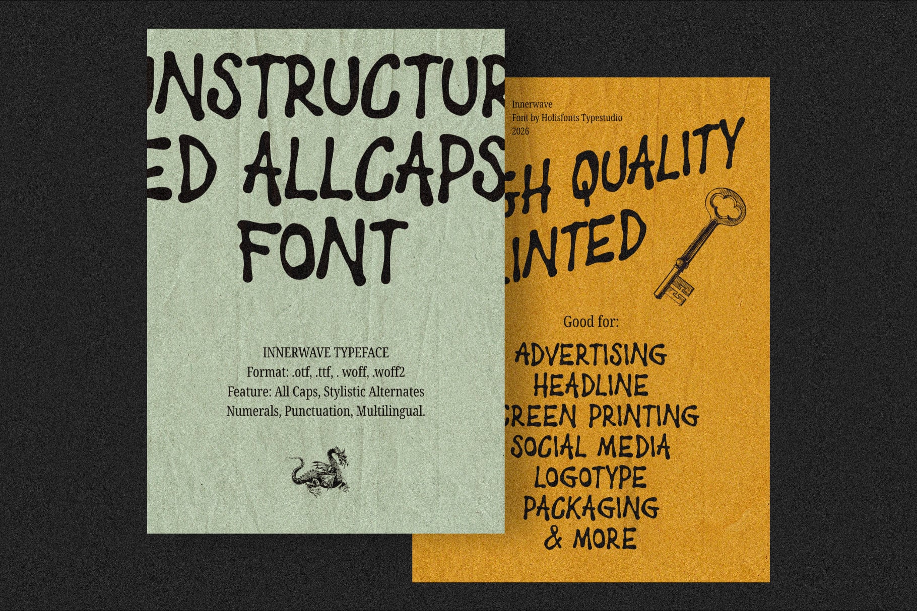 Innerwave typeface specimen showing bold all-caps font on cream with gold overlay listing features