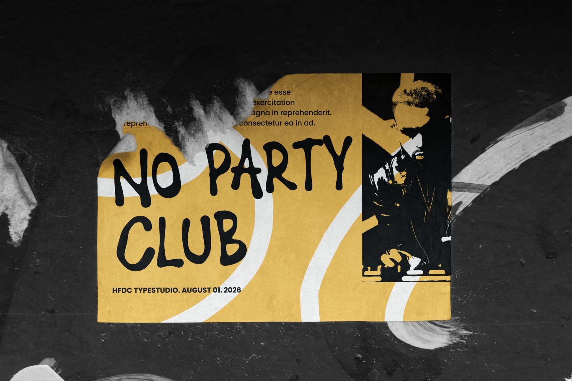 Retro poster mockup with bold "No Party Club" text, gold geometric shapes, vintage portrait illustration, grungy black background with texture overlays