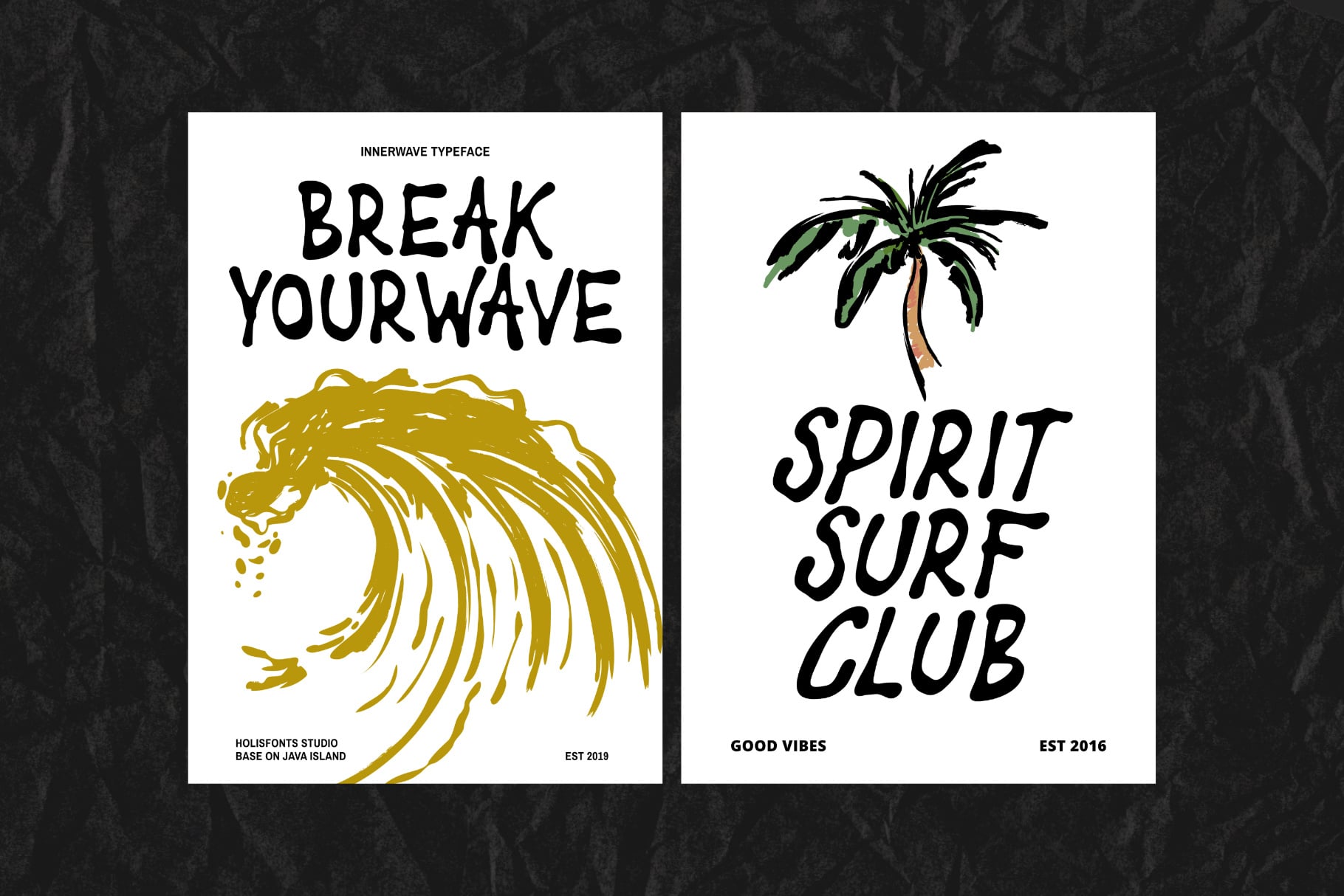 Two posters with Innerwave typeface, one featuring gold wave with break your wave text, other showing palm tree with spirit surf club text