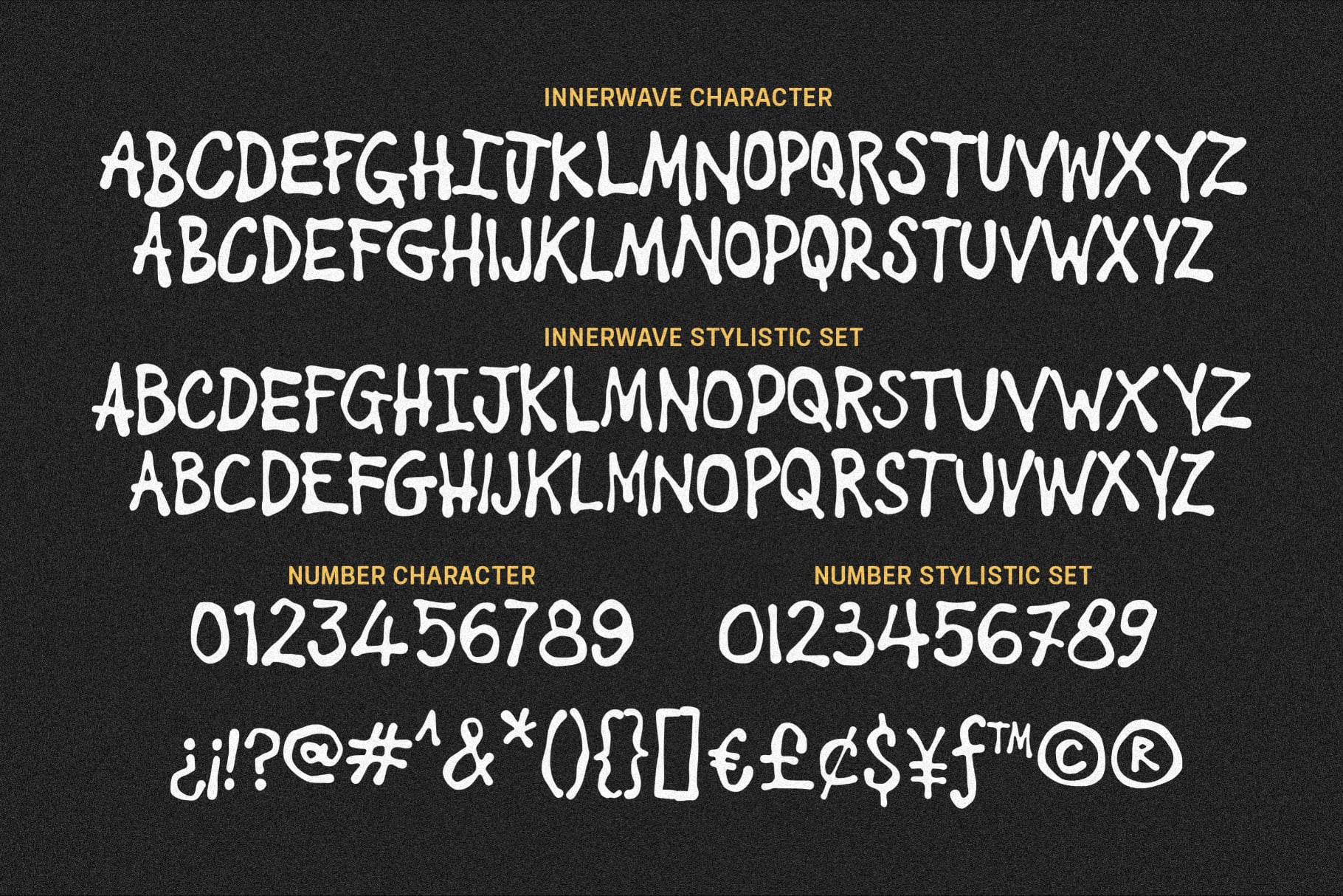 Innerwave font showing hand-drawn character sets with letters, numbers, symbols on dark background
