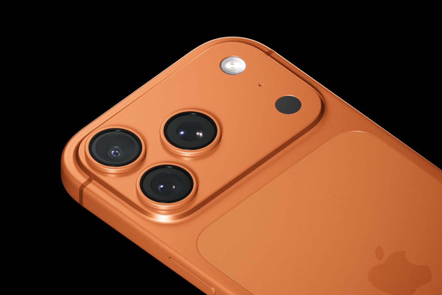 Orange iPhone 12 Pro mockup showing triple camera system with flash on black background