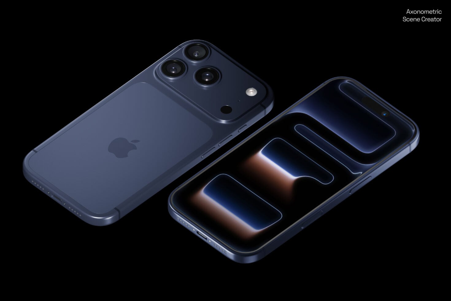 Two dark blue iPhones in isometric view, one showing triple camera system, other displaying glowing screen mockups