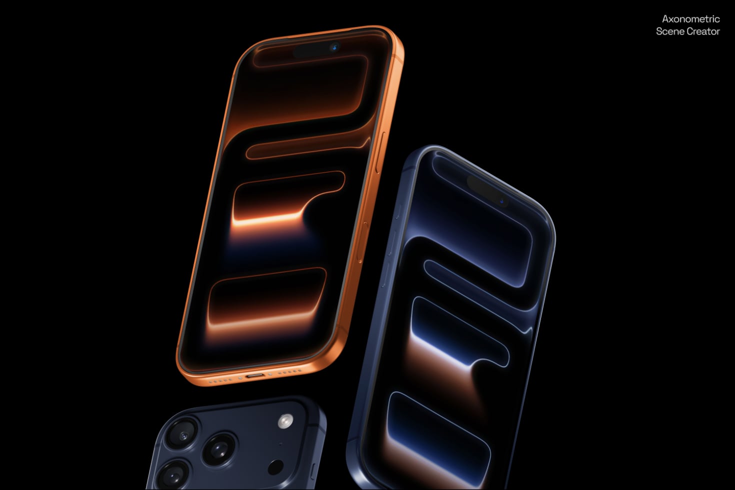 Three iPhones tilted in axonometric view with glowing neon UI elements on dark screens
