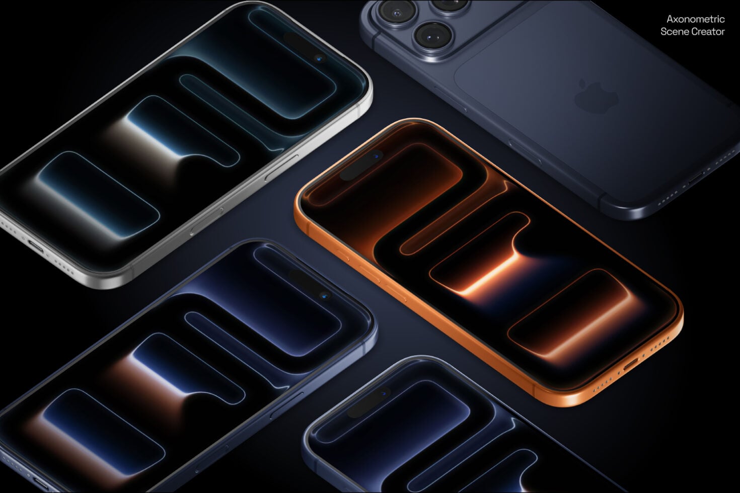 Multiple iPhones in axonometric view with neon glow effects on screens, dark background