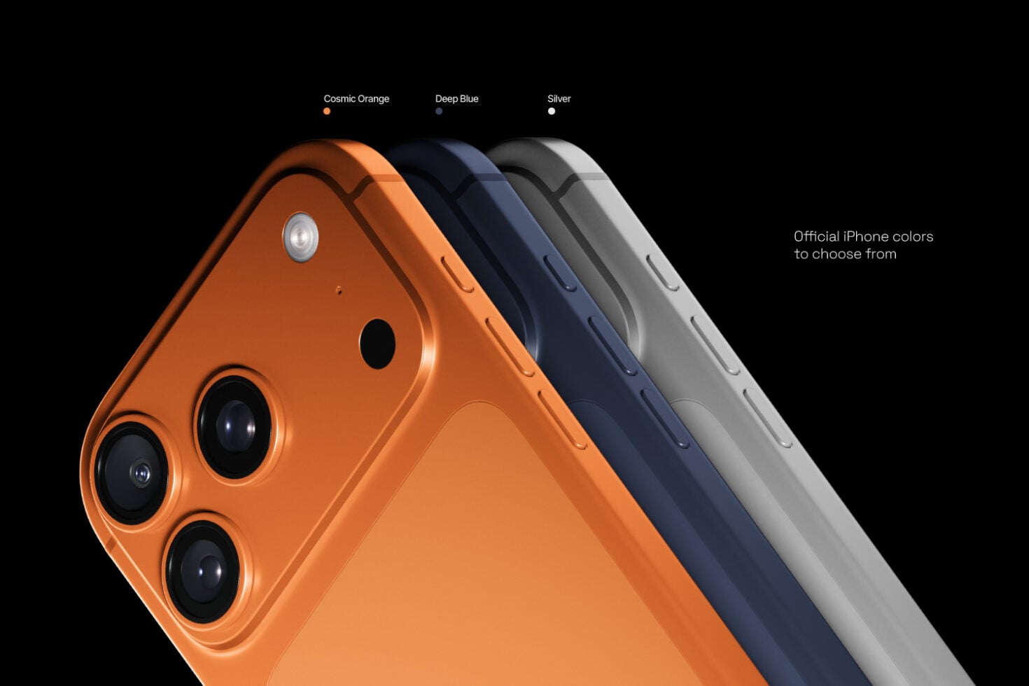 Three iPhone mockups in Cosmic Orange, Deep Blue, or Silver showing official color options