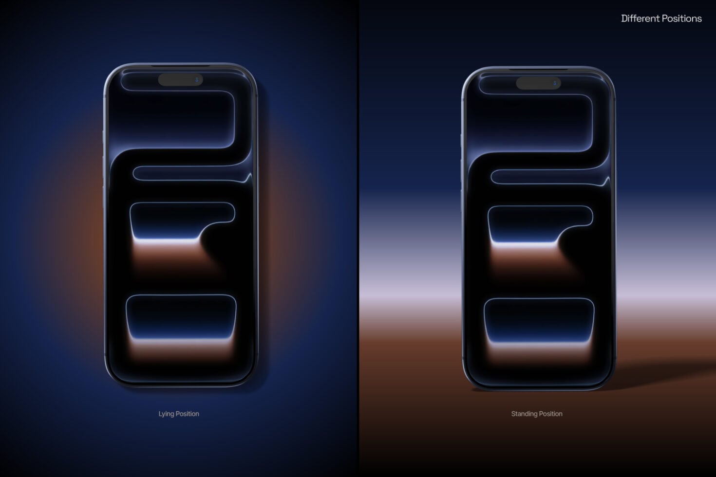 Two iPhones showing glowing neon UI elements in lying vs standing positions