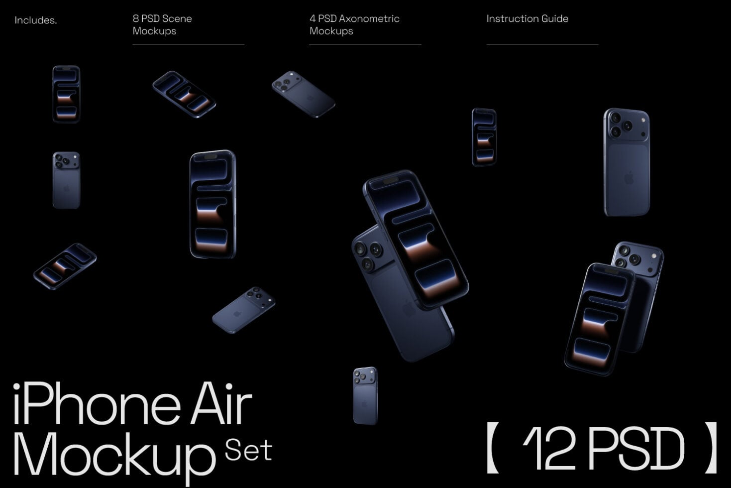 Dark blue iPhone mockups with glowing app UI elements, multiple angles