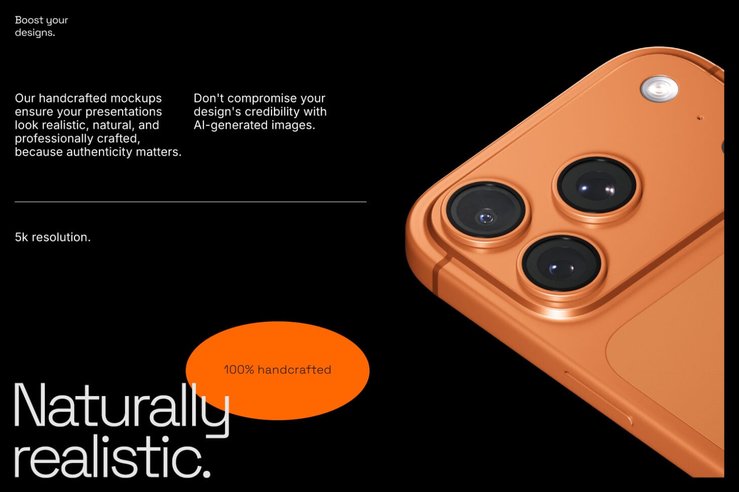 Orange iPhone 15 Pro Max mockup at isometric angle showing triple camera system