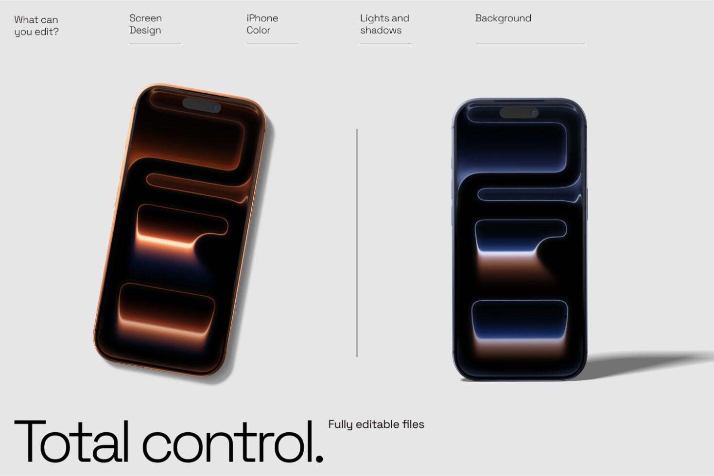 iPhone mockup with neon glowing UI elements in orange or blue, editable screens