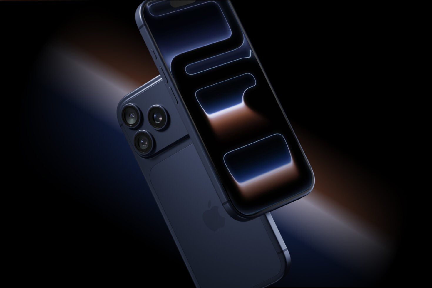 Dark blue phone mockup with glowing neon UI elements on screen, triple camera setup visible, moody lighting