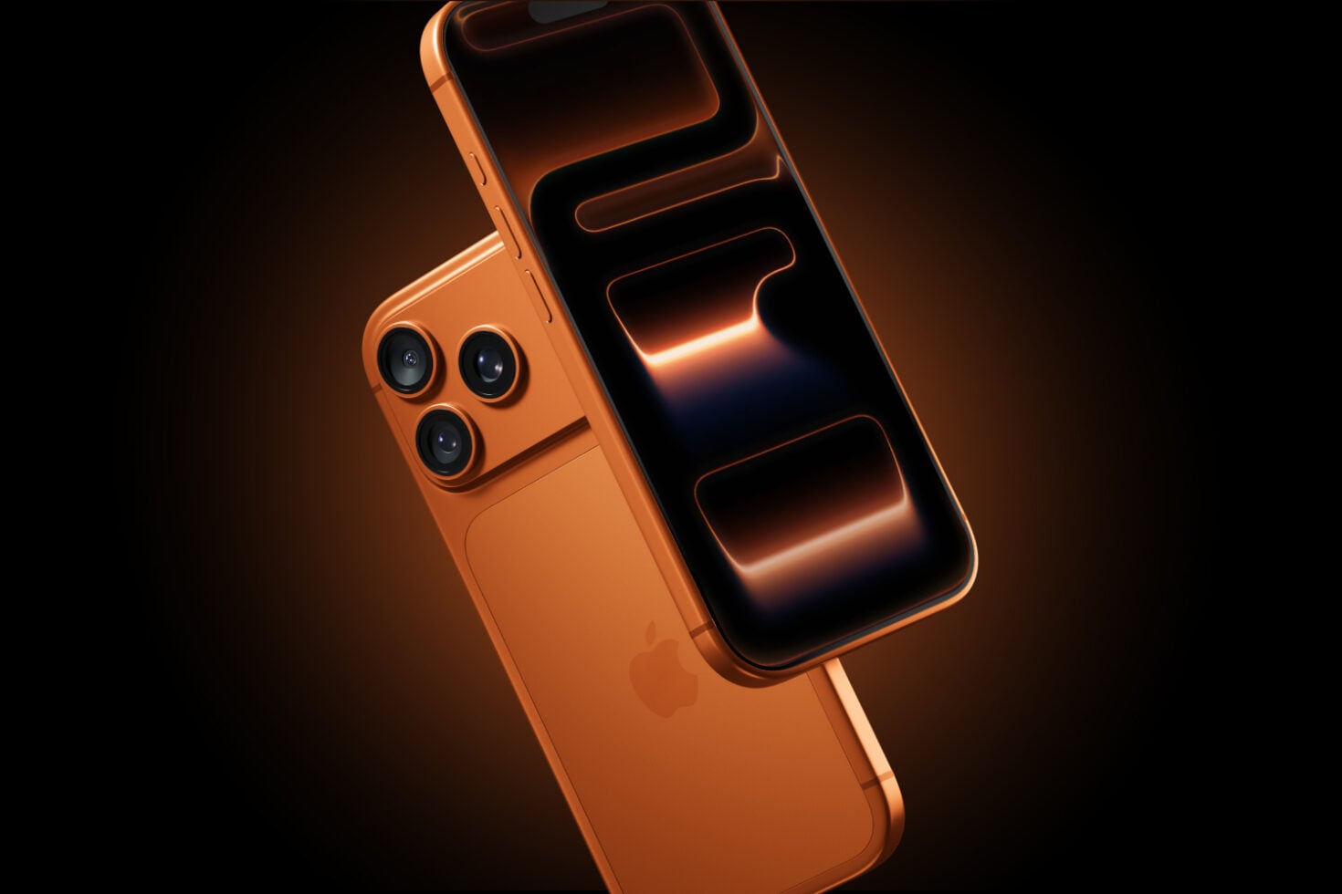 Orange iPhone 14 Pro mockup with glowing neon UI elements on black background