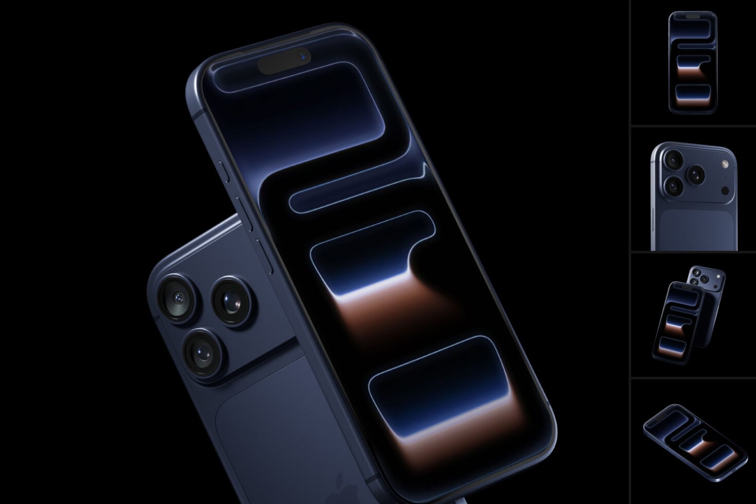 Dark blue iPhone mockup with glowing neon UI elements, triple camera, multiple angle views