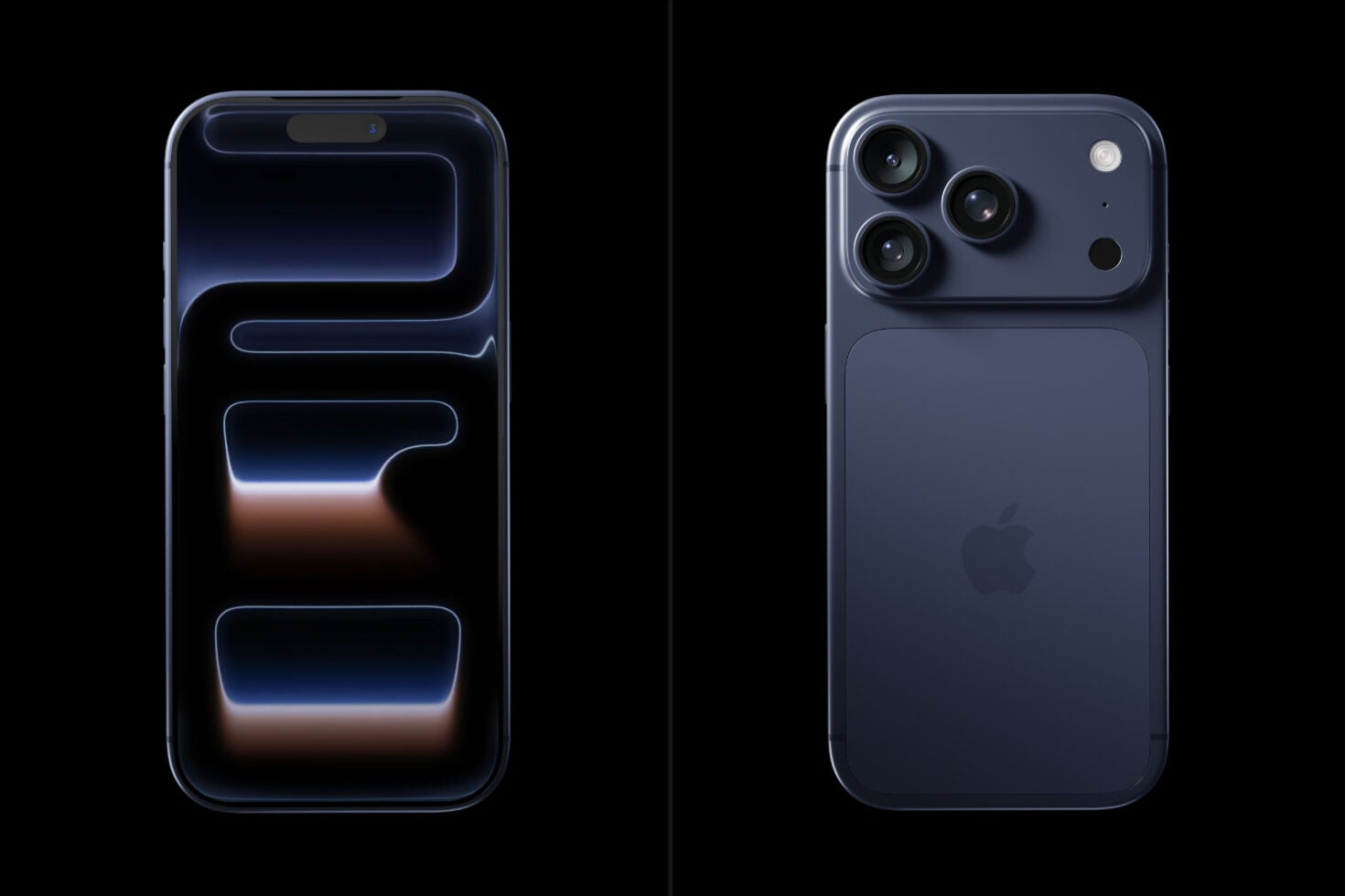 iPhone 14 Pro mockup showing front with neon UI elements, back with triple camera setup