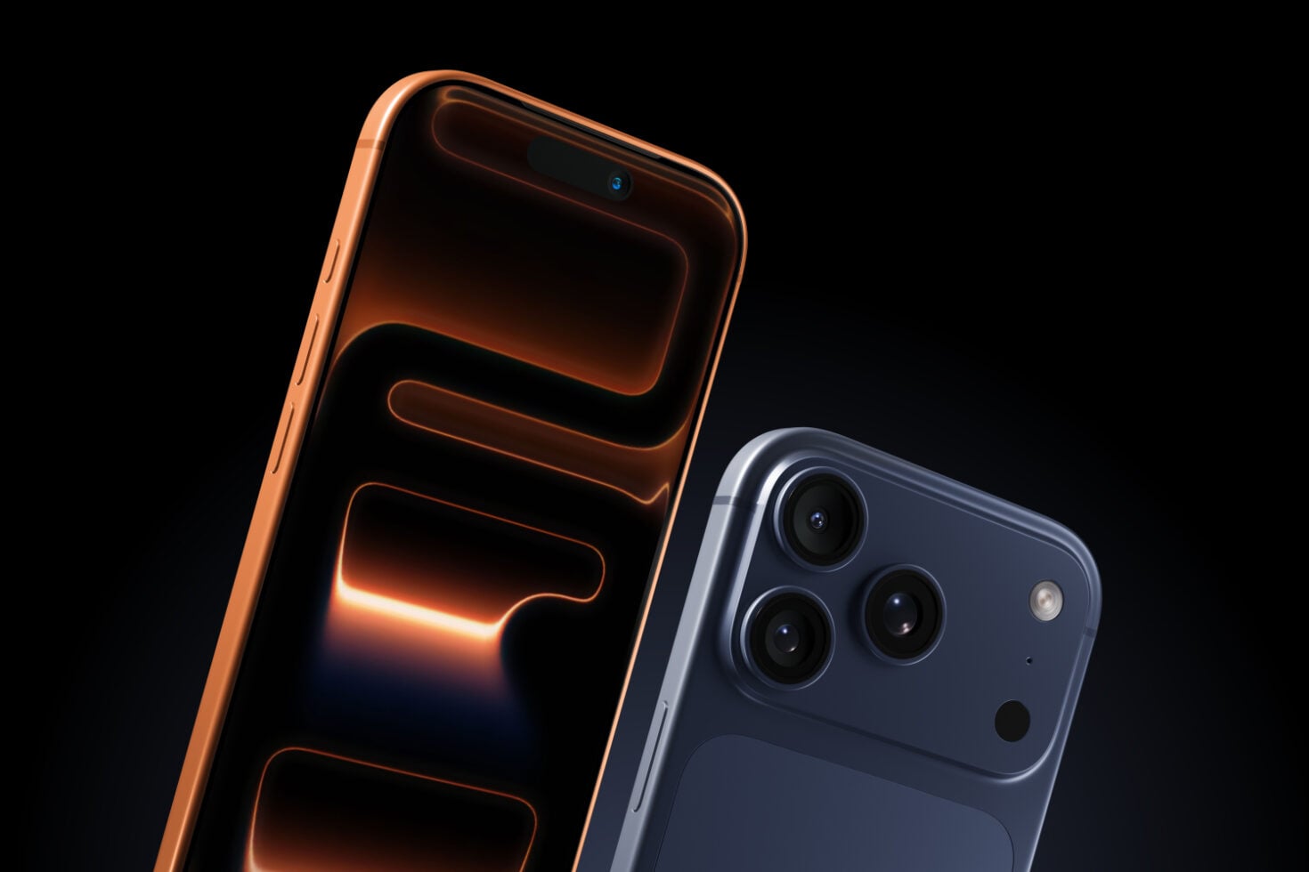 Orange iPhone with glowing neon UI elements next to dark blue phone showing triple camera setup