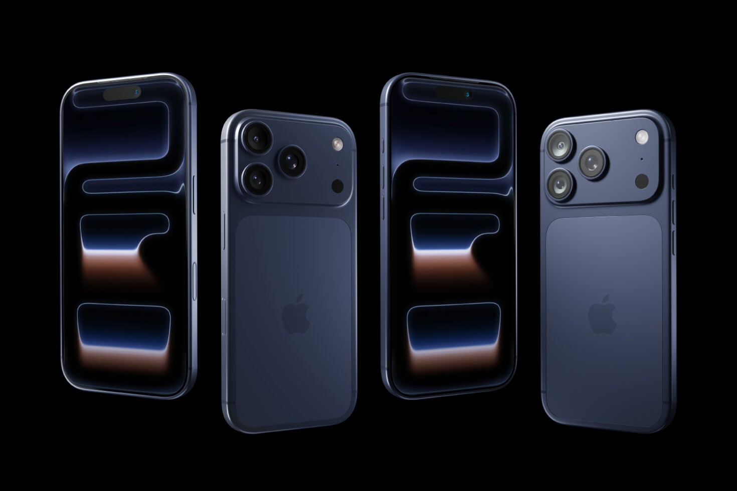 iPhone mockups in midnight blue with glowing neon UI elements on black background