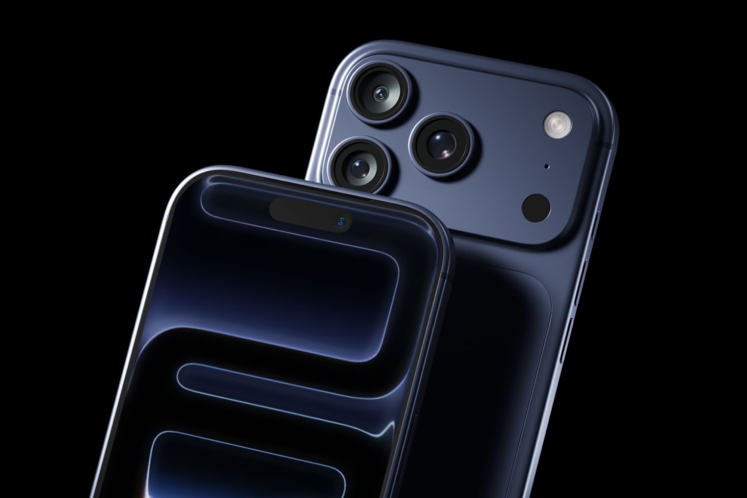 Midnight blue iPhone Pro with triple camera setup, blank screen mockup on black background