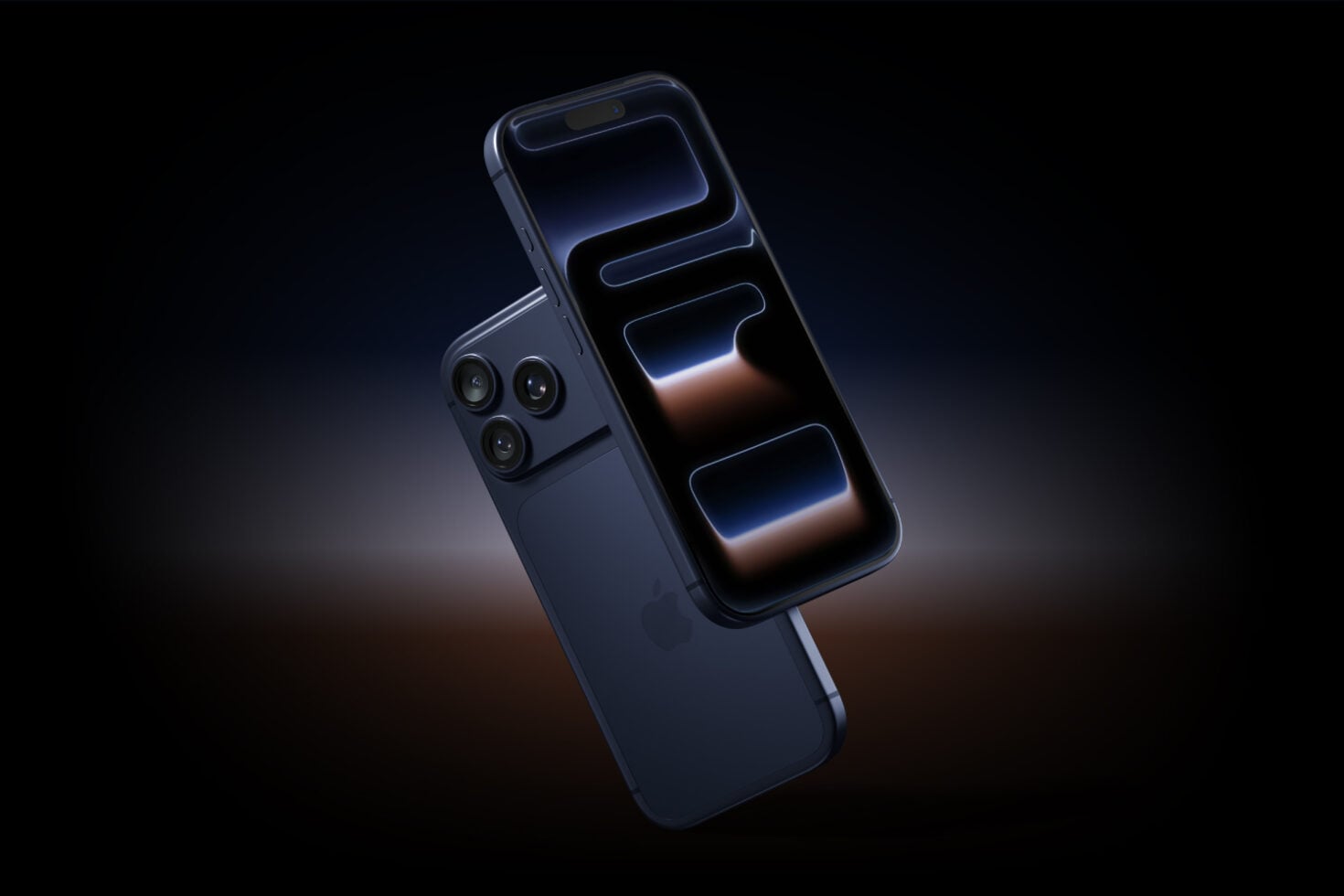 Dark blue phone mockup with glowing neon UI elements on screen, triple camera setup visible