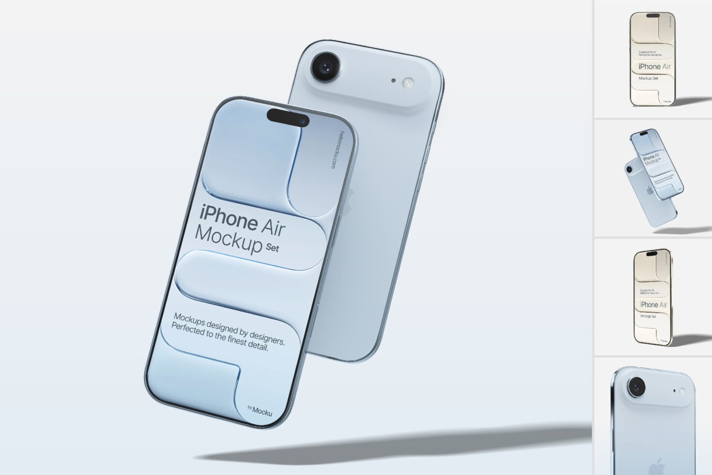 iPhone Air mockup set showing light blue phone at multiple angles with clean shadows