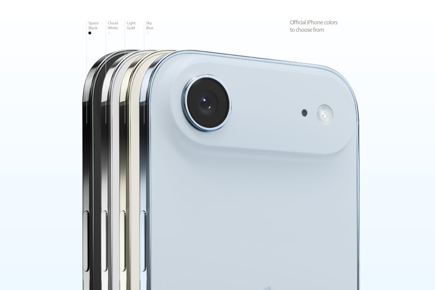 iPhone mockup showing all four official colors stacked together from back angle
