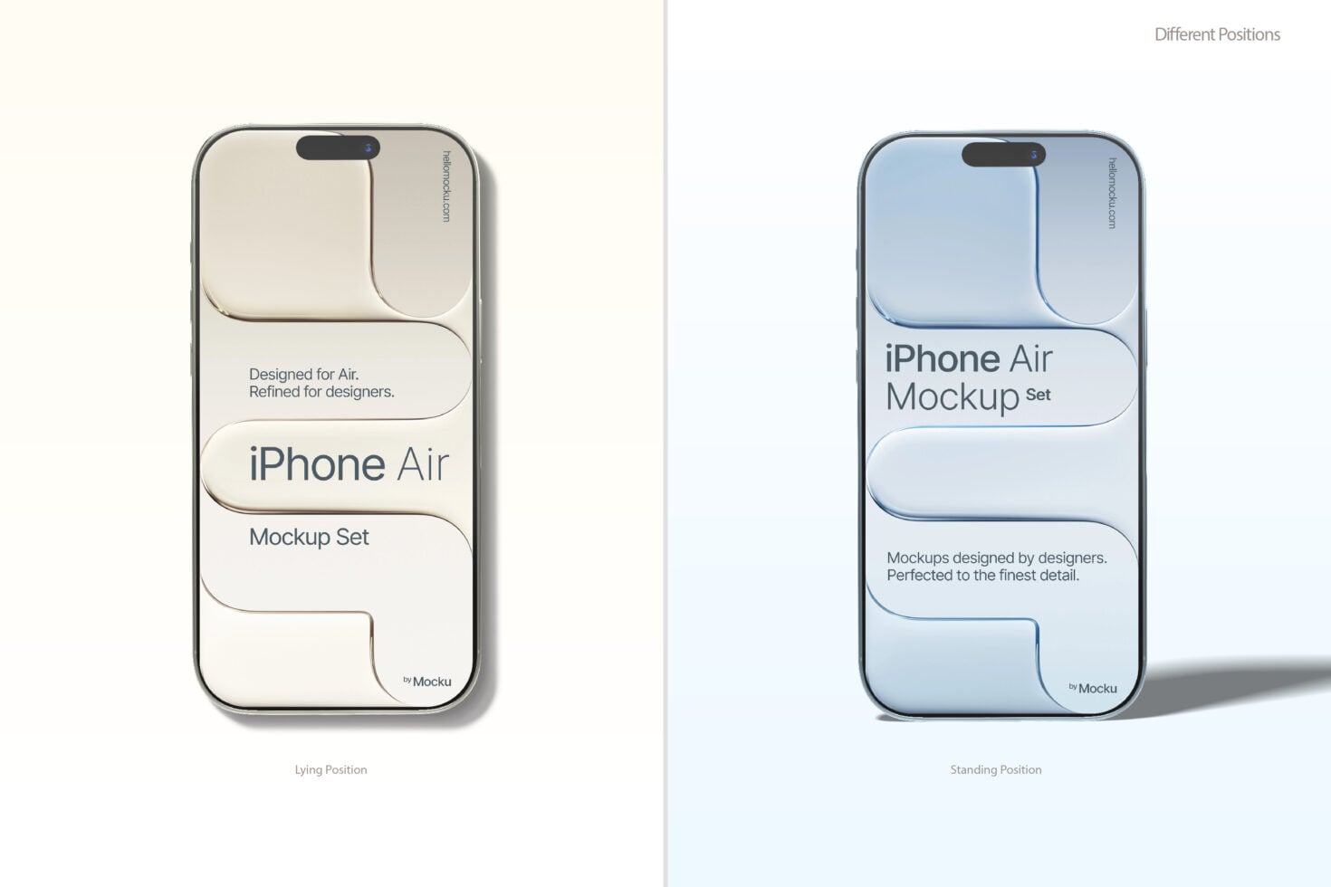 iPhone Air mockup set showing cream beige in lying position, light blue in standing position