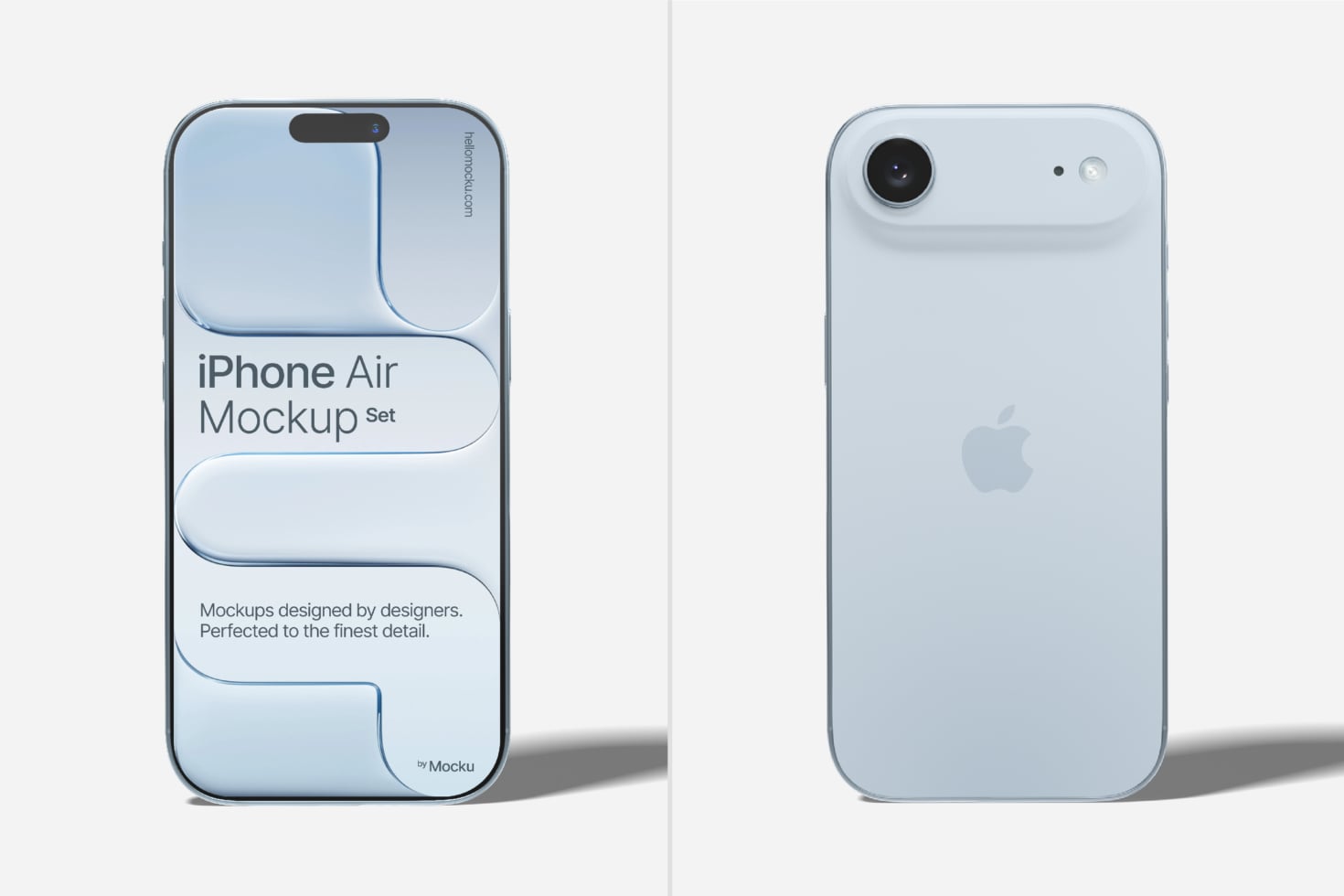 iPhone Air mockup showing front plus back view in light blue with clean shadows