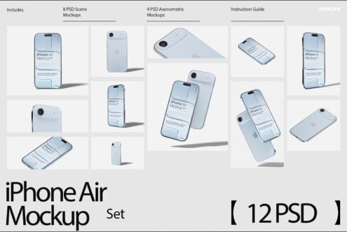iPhone Air mockup set with 12 PSD files showing multiple device angles with shadows