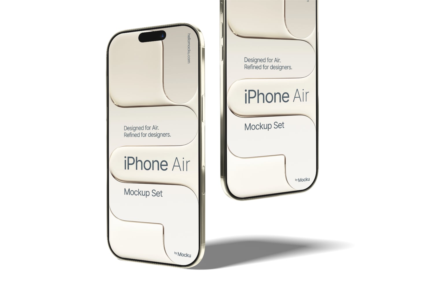 iPhone Air mockup set showing front, back, side angles in cream with minimal branding layout