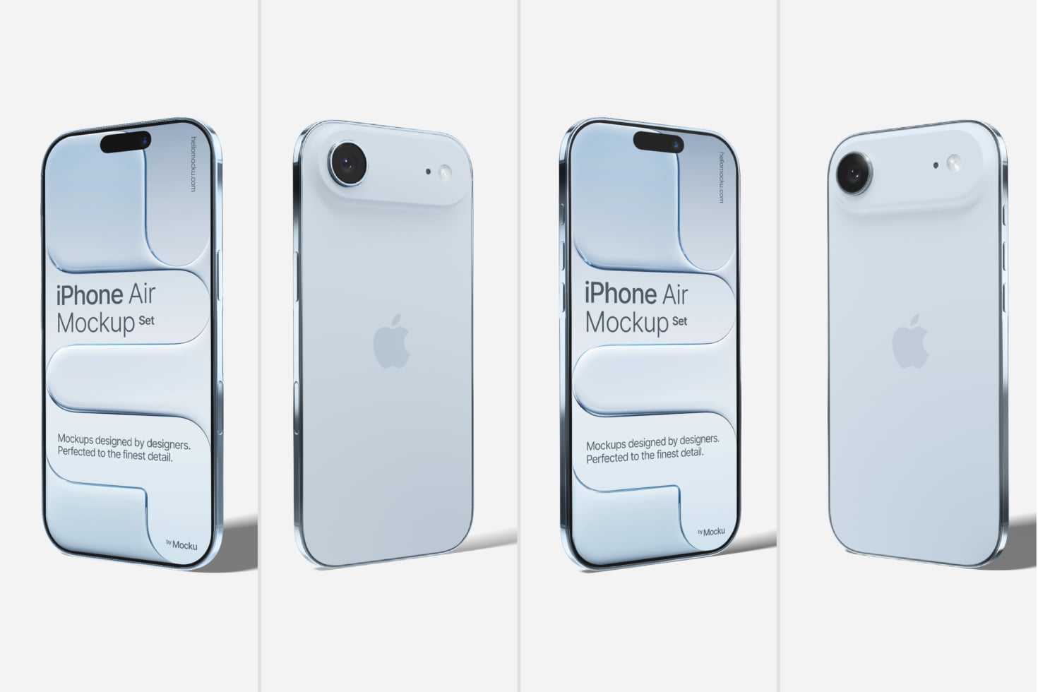 Light blue iPhone mockup set showing front, back, plus side angles with clean shadows
