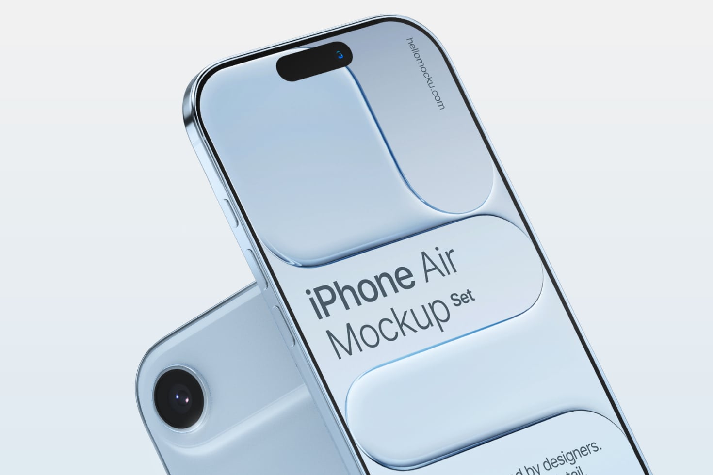iPhone Air mockup set showing light blue device at angle with notch, camera, blank screen space