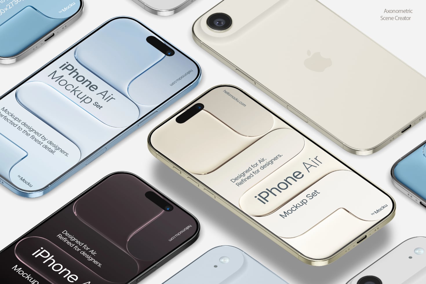 iPhone Air mockup set in blue, cream, black angled view showing multiple device angles
