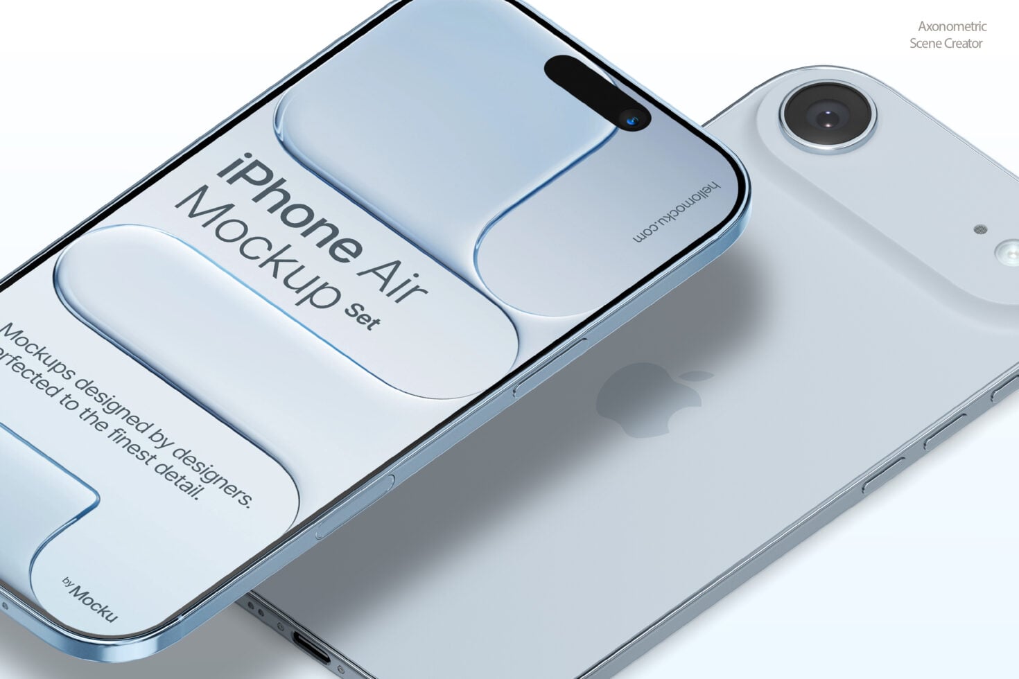 iPhone Air mockup set shown in isometric view with light blue devices displaying sample screens