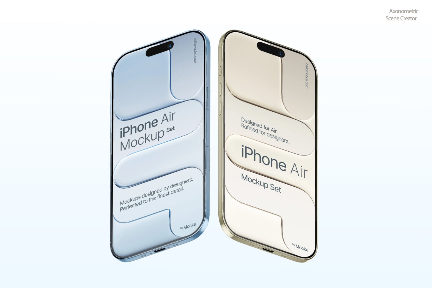 Two iPhone Air mockups in blue plus cream angled view showing customizable screens