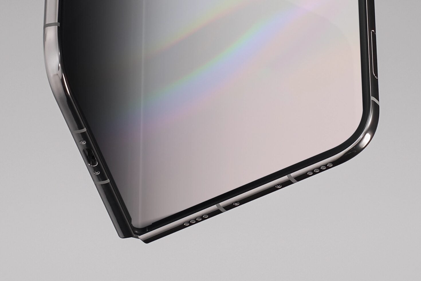 Sleek phone mockup with rainbow light refraction across the screen display