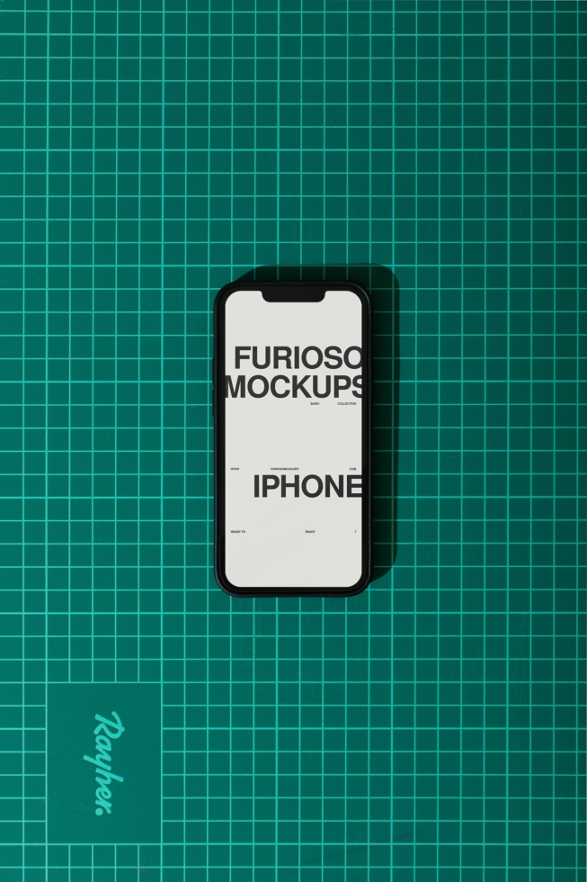 Black iPhone on teal grid background showing customizable screen mockup
