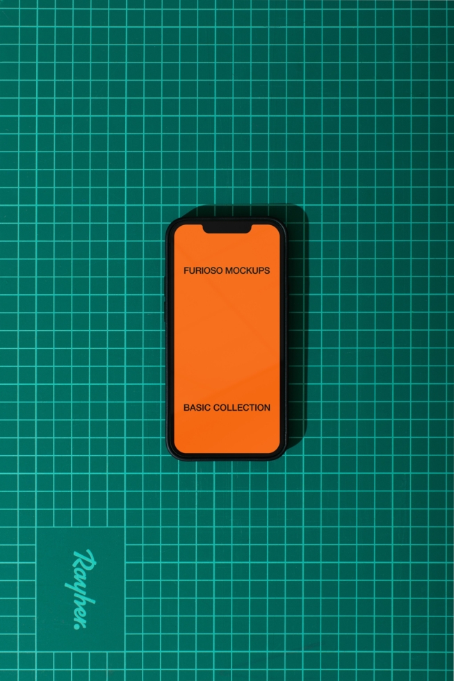 Black iPhone with orange screen on teal grid background mockup