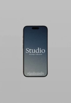iPhone 14 mockup displaying Studio Mockup Collection branding on blue gradient screen