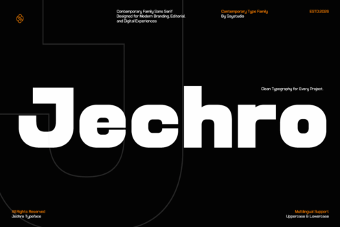 Jechro typeface displayed in bold white letters on black background with branding details
