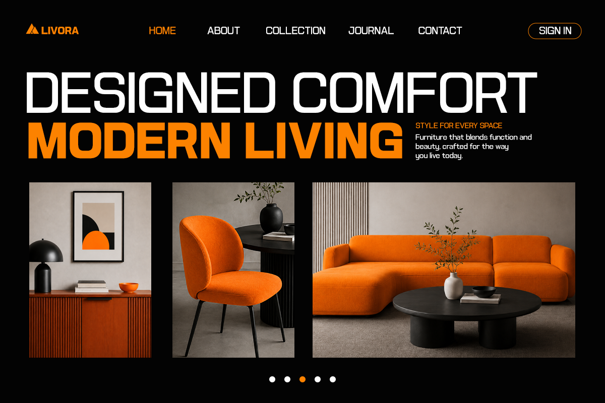 Bright orange curved sofa with black round table in modern living room setup