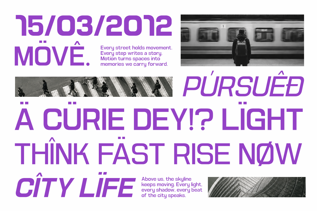 Purple typographic poster with urban street photography, bold sans-serif headlines about city movement, date stamp, black-white images of people crossing street