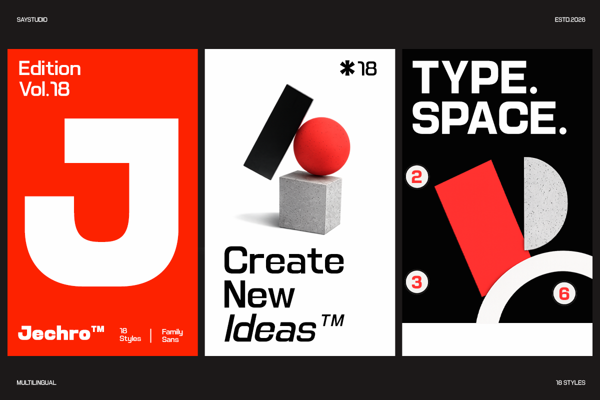 Bold red, white, plus black design system with geometric shapes stacked together