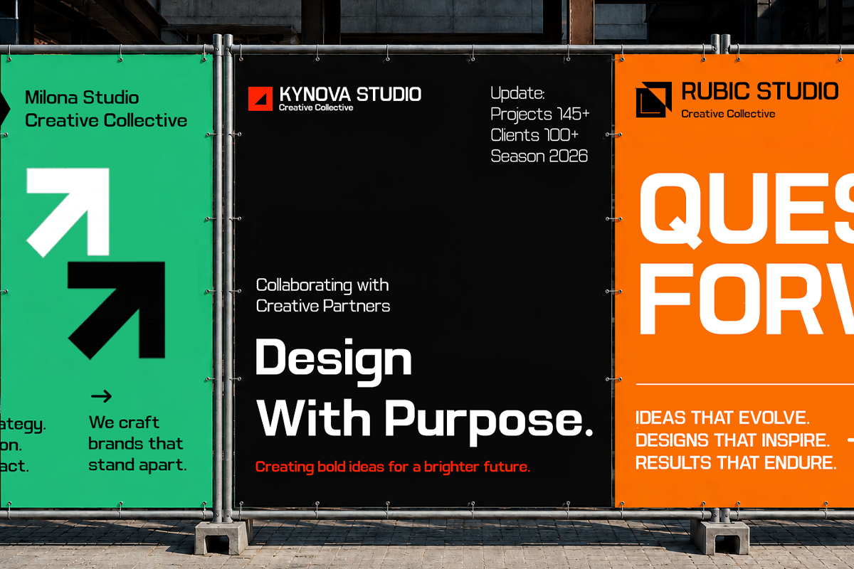 Three vibrant construction banners displaying creative studio branding with bold typography, arrows, logos in green, black, orange