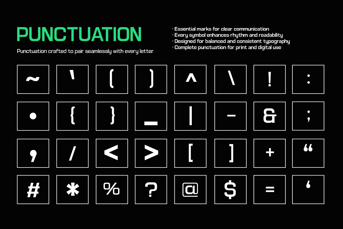Punctuation character set in neon green with brackets, symbols, operators displayed in grid layout