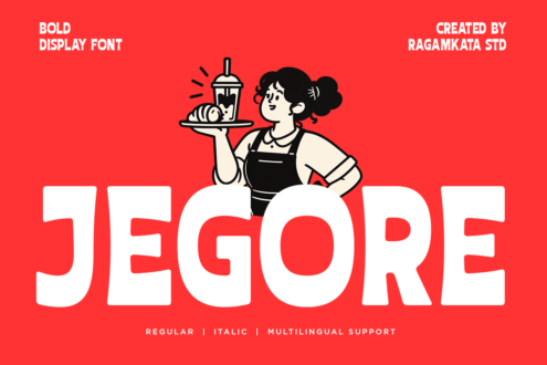 Jegore bold display font with retro waitress illustration on bright red background