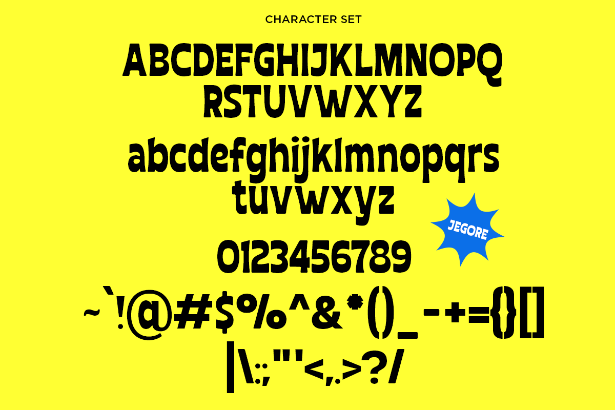 Bold sans serif font with full character set, numbers, symbols on bright yellow background