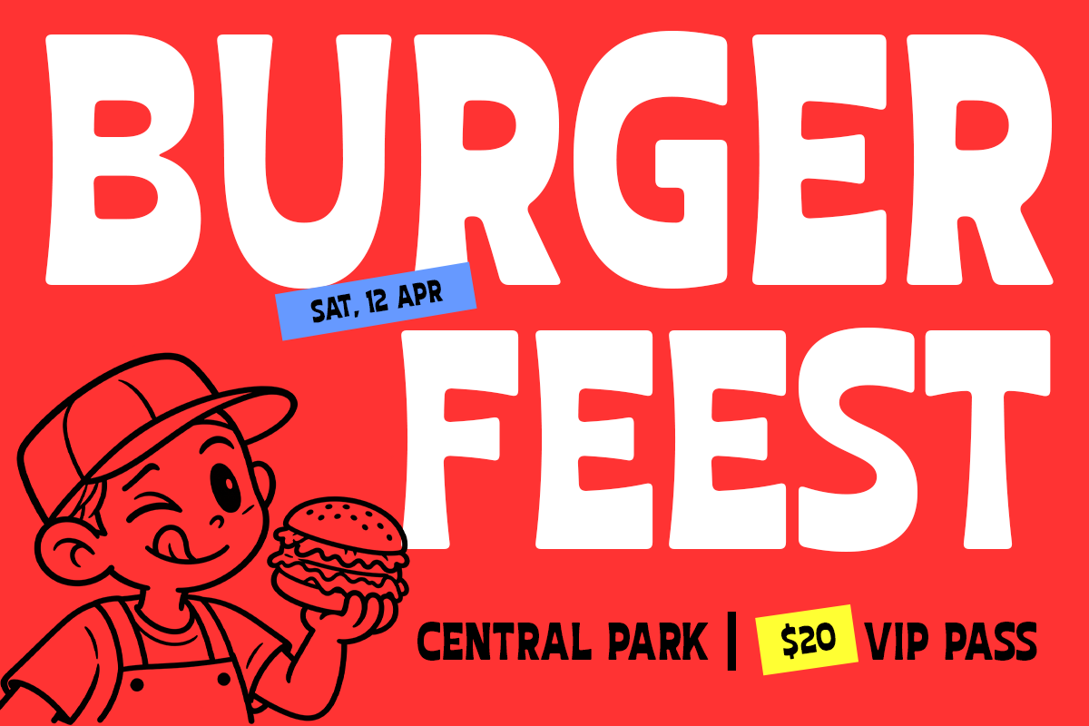 Retro burger fest poster with cartoon chef, red background, date, location, price