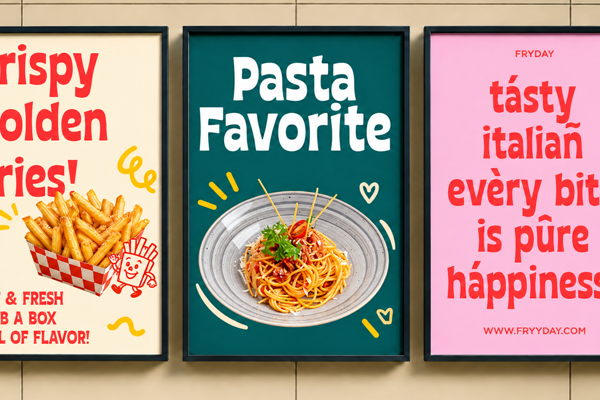 Three framed food posters on wall: fries, pasta, Italian vibes in bold retro colors