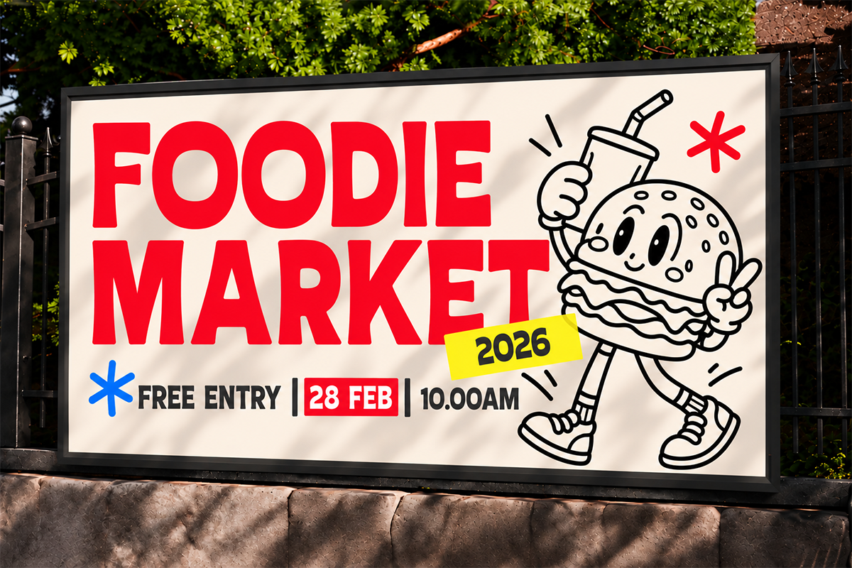 Retro food market poster with bold red text, playful burger mascot holding a knife, date details in yellow bar