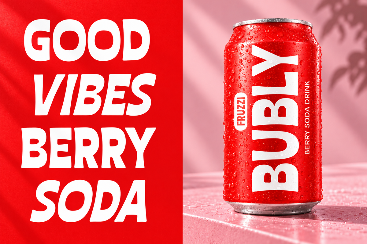Fizzy soda can mockup with condensation, red background with "Good Vibes Berry Soda" text