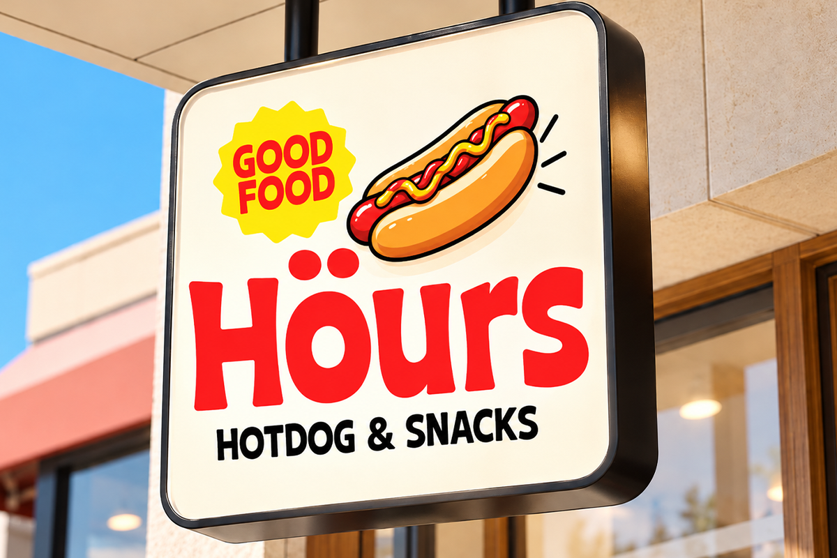 Retro hanging sign for hotdog shop with bold red lettering, yellow starburst badge, cartoon hotdog illustration